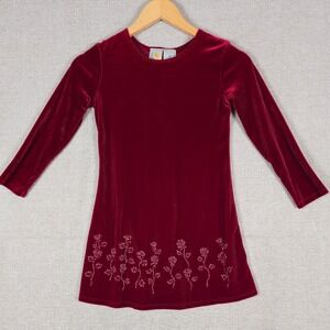 New Moves Girls Red‎ Velvet Dress Size 6X Beaded Rose Floral Long Sleeve Holiday